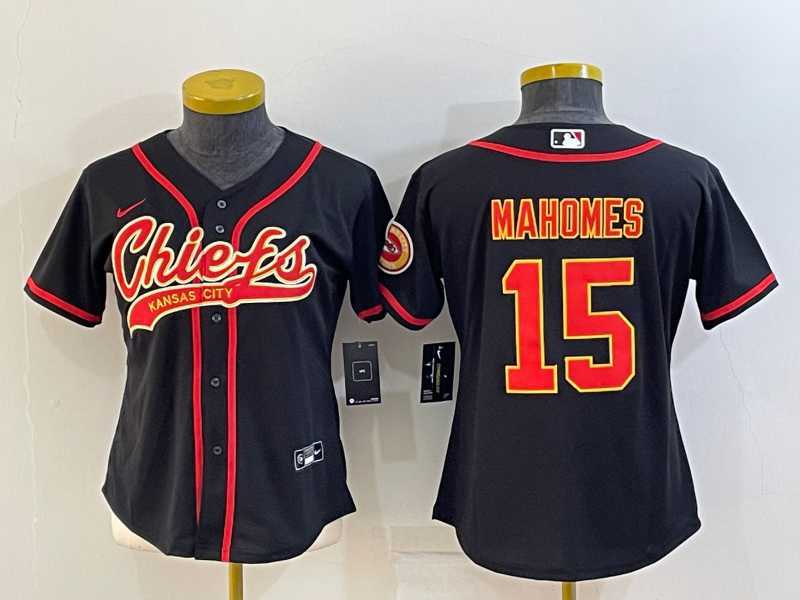 Womens Kansas City Chiefs #15 Patrick Mahomes Black With Patch Cool Base Stitched Baseball Jersey->women nfl jersey->Women Jersey